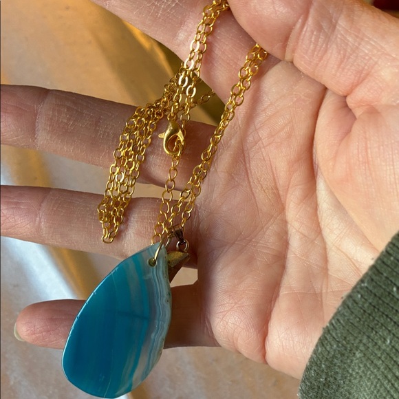 Elegant Blue Agate Slice and Jasper Moon Pendants on 23” Gold Tone Chain - Picture 9 of 12